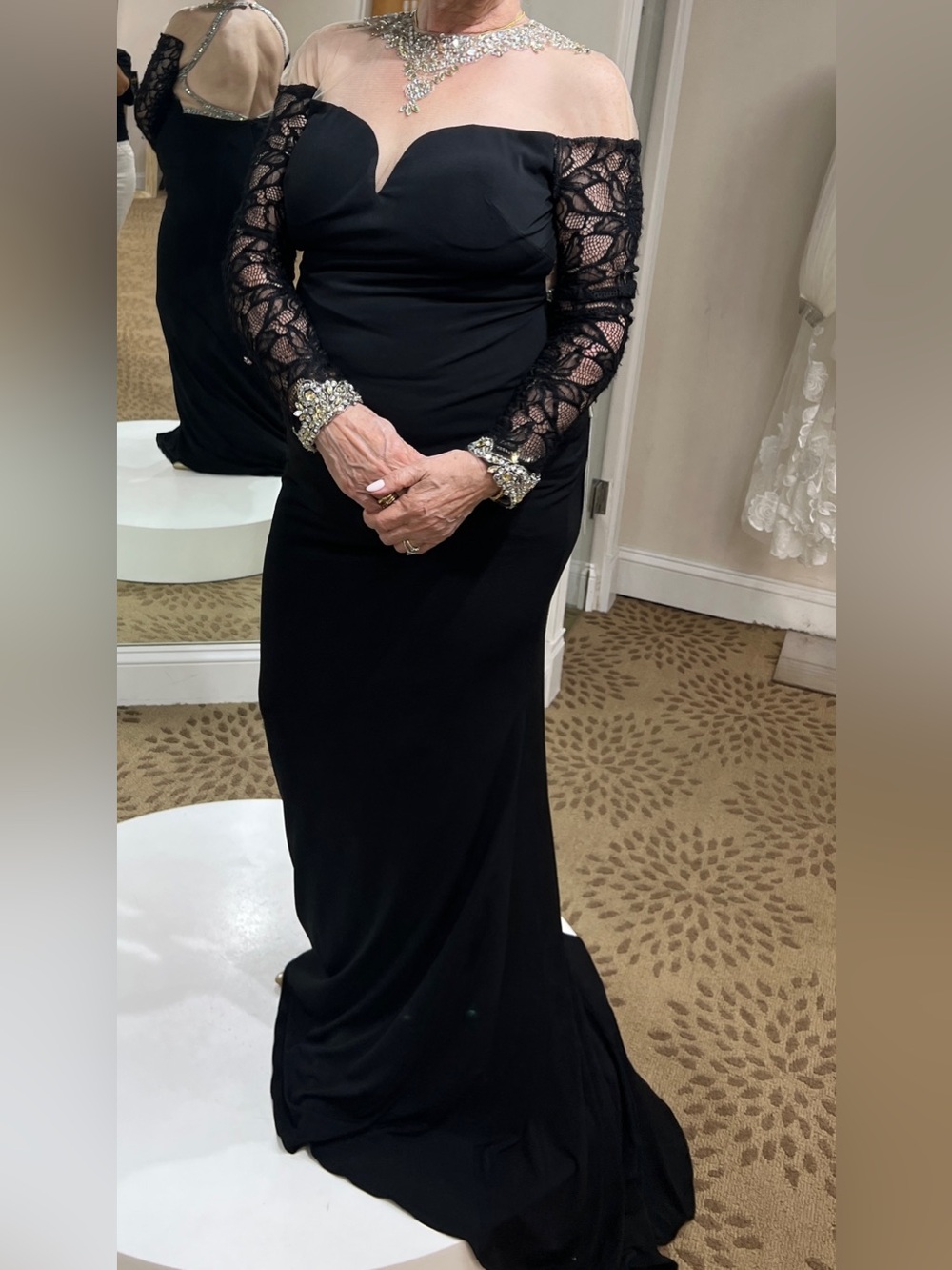 Elegant Black Lace-Sleeve Evening Gown - Women's Dress